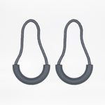 Two charcoal zipper pulls with rubber half loops and charcoal cord on a white background