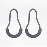 Two charcoal zipper pulls with rubber half loops and charcoal cord on a white background