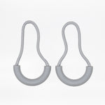 Two light grey zipper pulls with rubber half loops and light grey cord on a white background