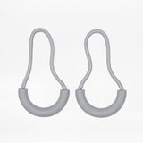 Two light grey zipper pulls with rubber half loops and light grey cord on a white background