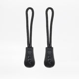 Two black rope zipper pulls with 'BILLY' branding on a white background