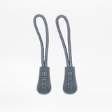 Two grey zipper pulls with 'BILLY' branding on a white background