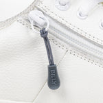Charcoal sport zipper pull with BILLY word mark attached to a white shoe