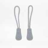 Two light grey zipper pulls with BILLY brand logo on a white background