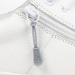 Light Grey sport zipper pull with BILLY word mark attached to a white shoe