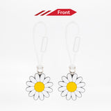 Two daisy-shaped keychains with yellow centers on a white background