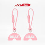 Two pink zipper pulls with strings on a white background