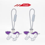 Two unicorn zipper pulls with purple hair on white background