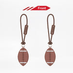 Two brown football-shaped zipper pulls on a white background with 'Front' label.