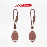Two brown football-shaped zipper pulls on a white background with 'Front' label.