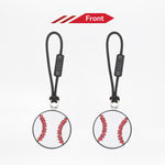Two baseball-themed zipper pulls on a white background with 'Front' label.
