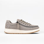 Women's grey suede low-top sneaker with a zipper on the side, white sole, and the BILLY brand logo visible