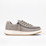 Women's grey suede low-top sneaker with a zipper on the side, white sole, and the BILLY brand logo visible