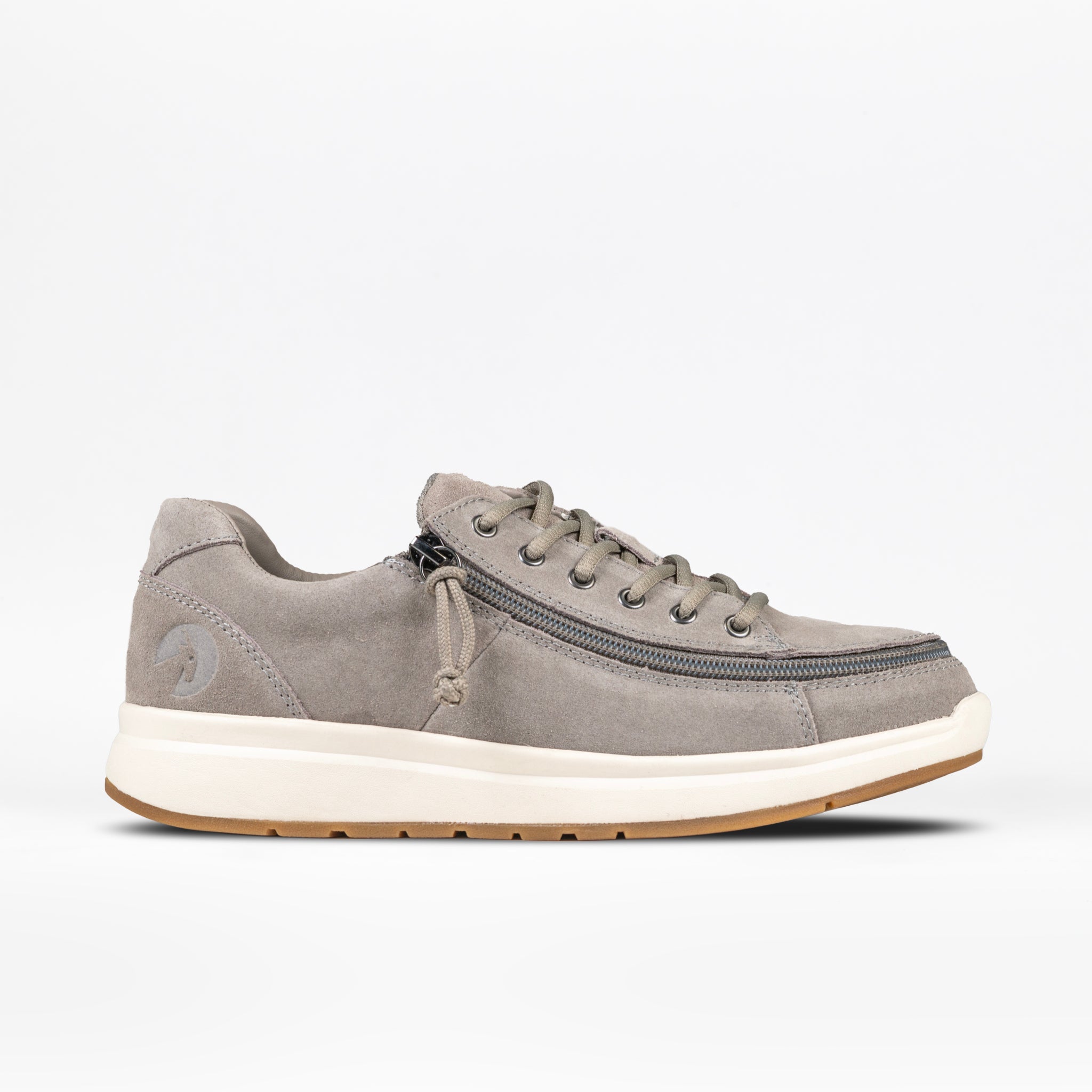 Women's grey suede low-top sneaker with a zipper on the side, white sole, and the BILLY brand logo visible
