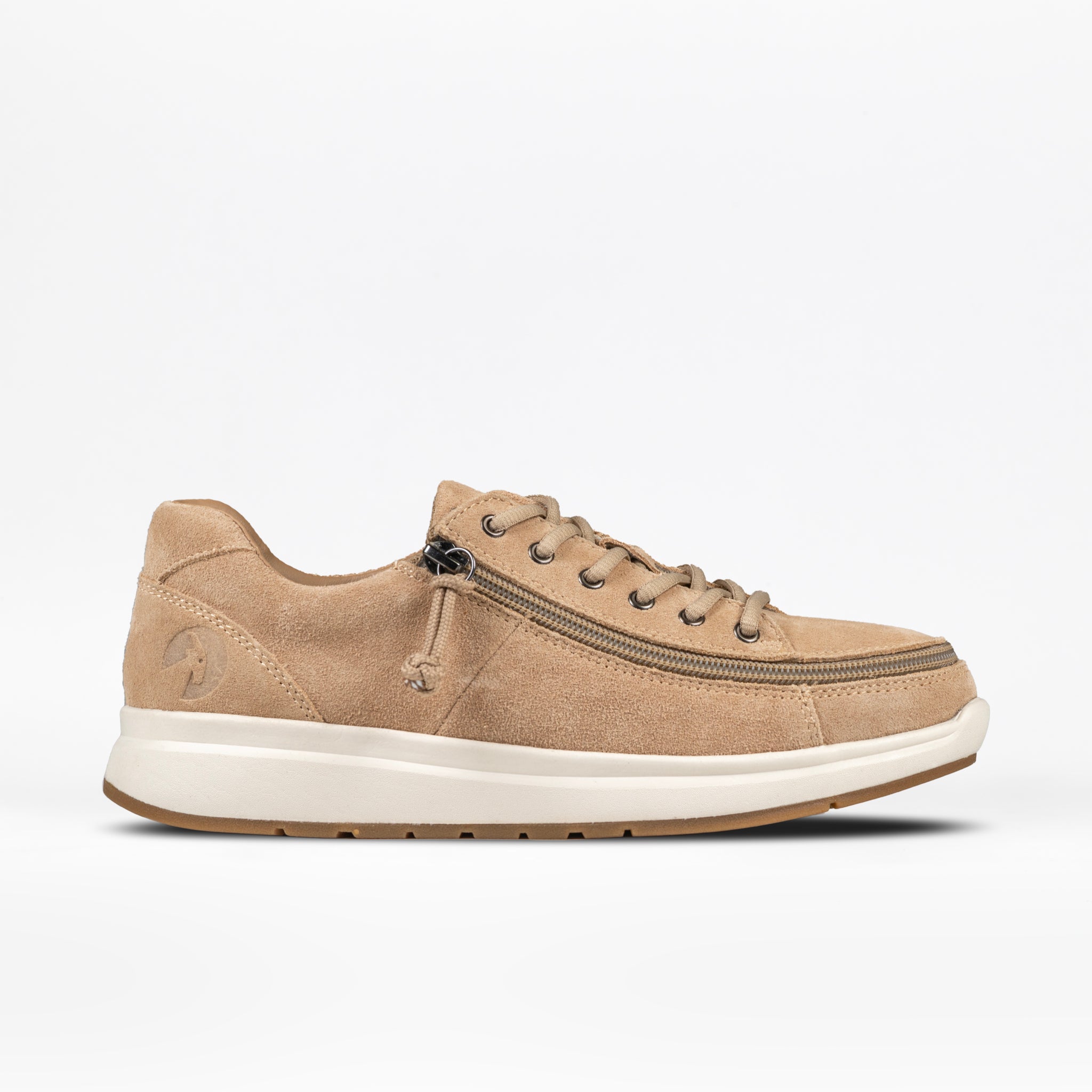 A women's tan suede sneaker with a wraparound zipper and lace-up closure.