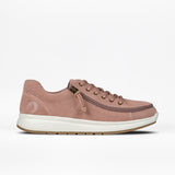 Blush sneaker with a white sole on a white background