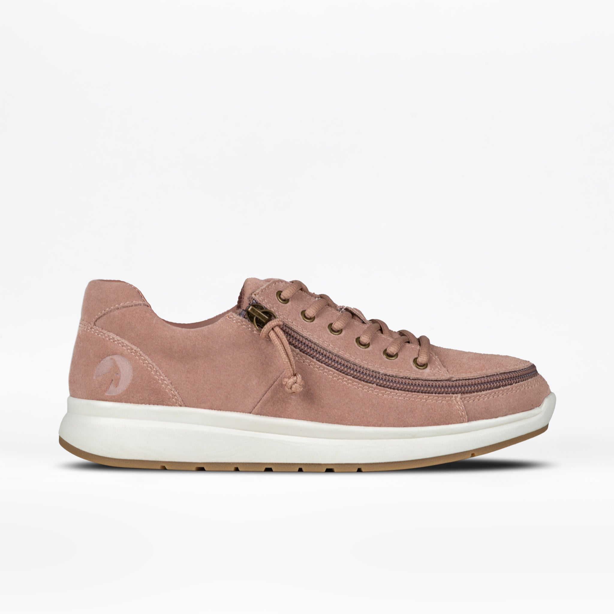 Blush sneaker with a white sole on a white background