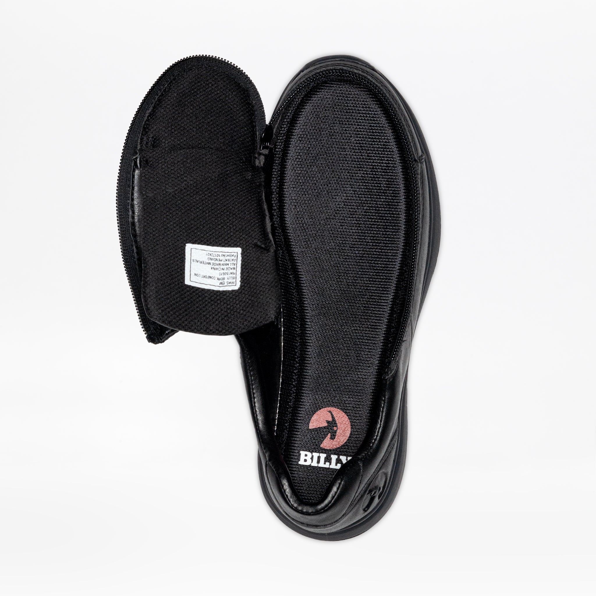 Black adaptive shoe opened with a wraparound zipper, showing the insole with the BILLY logo.