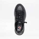 Top-down view of a black sneaker with a side zipper and a red ‘BILLY’ logo on the insole.