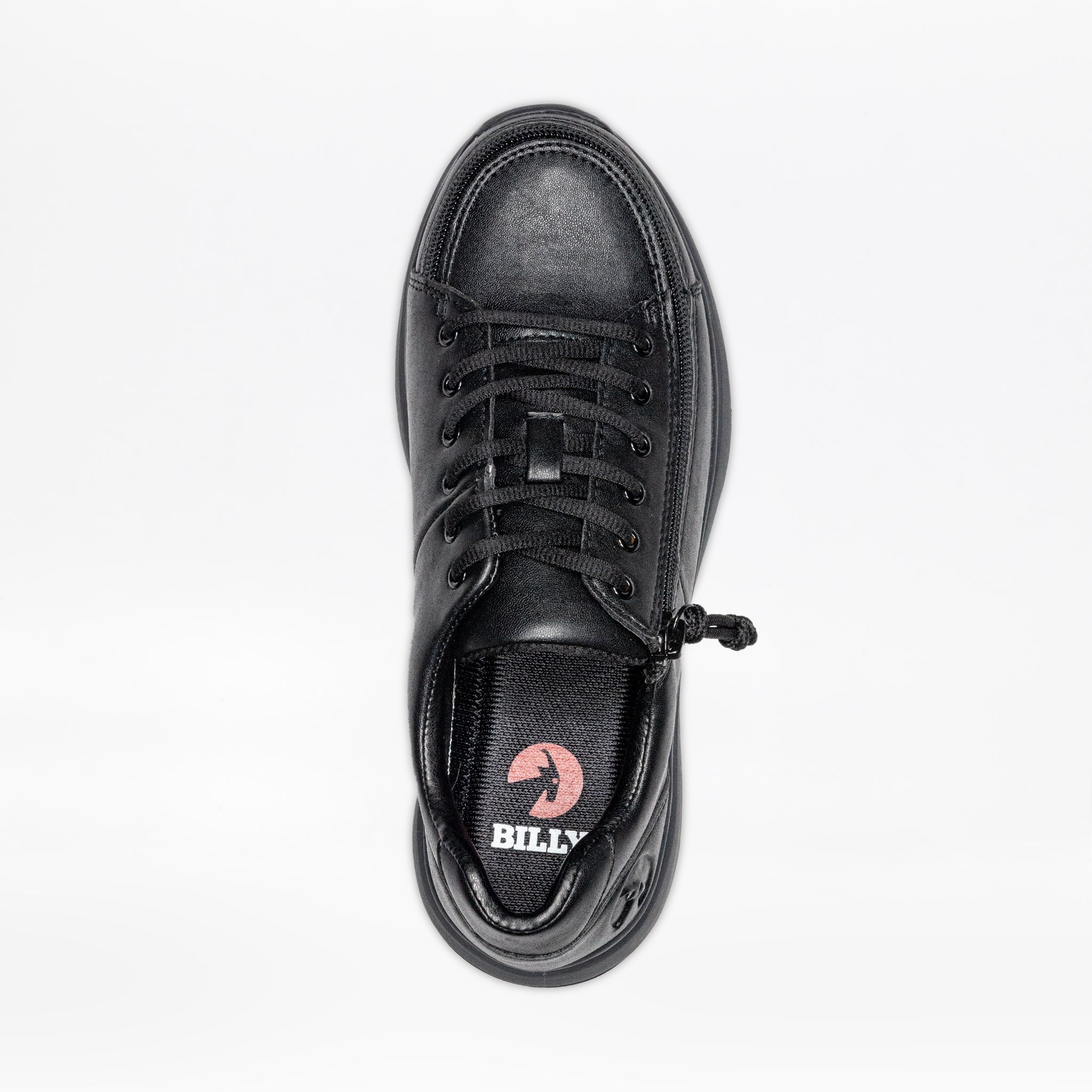 Top-down view of a black sneaker with a side zipper and a red ‘BILLY’ logo on the insole.