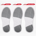 Three pairs of white outsoles with gray soles labeled 'Medium', 'Wide', and 'Extra-Wide' on a white background.