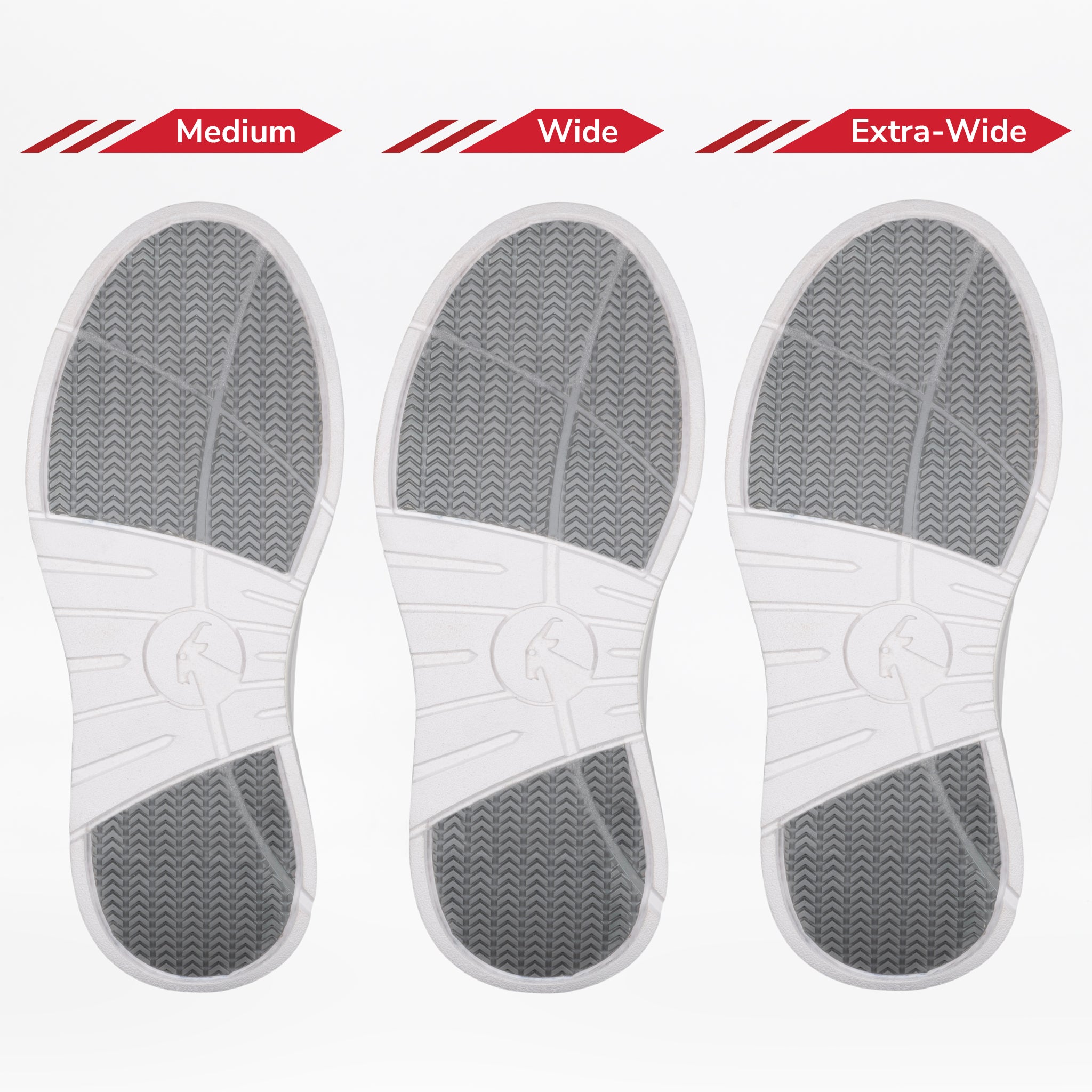 Three pairs of white outsoles with gray soles labeled 'Medium', 'Wide', and 'Extra-Wide' on a white background.
