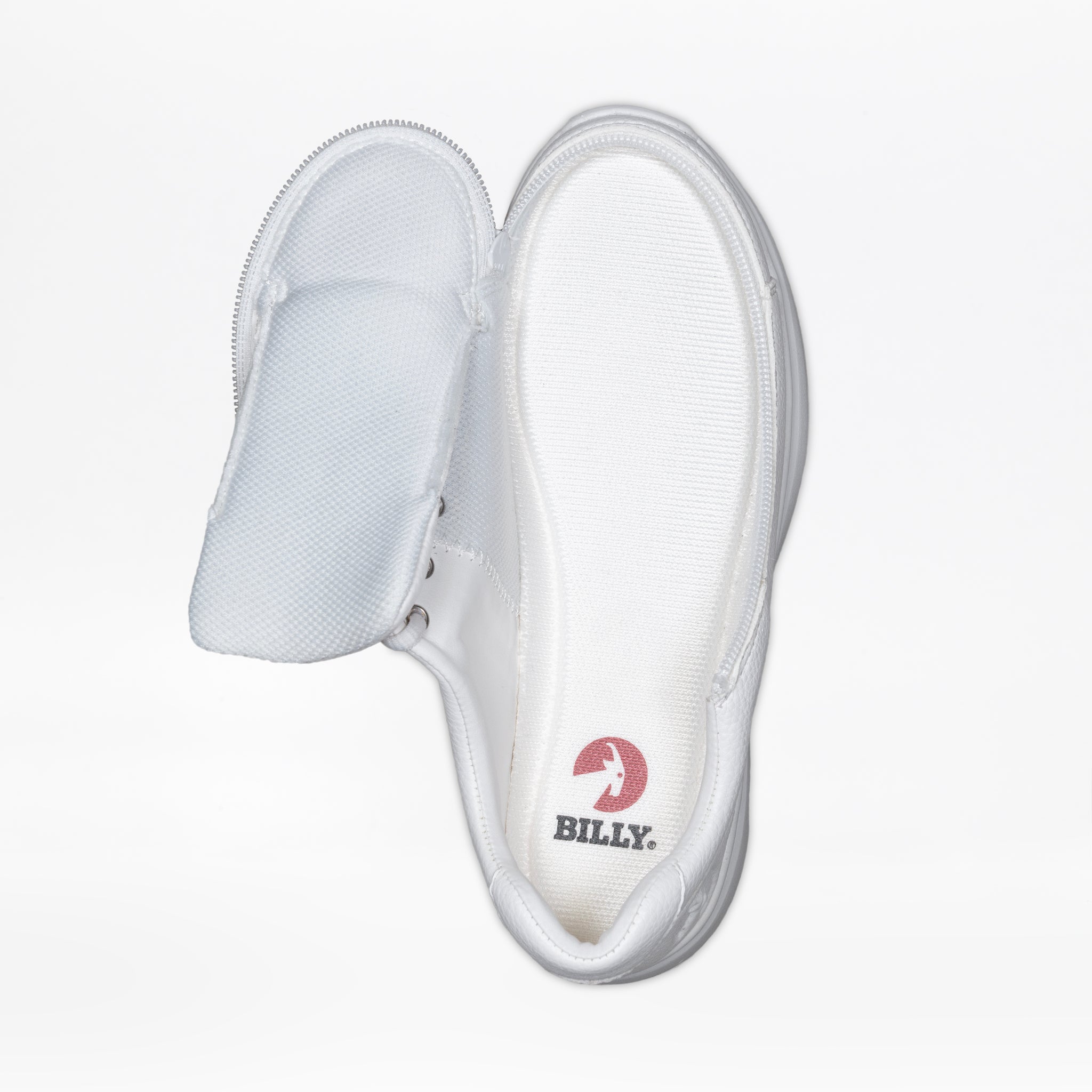 White adaptive shoe opened with a wraparound zipper, showing the insole with the BILLY logo.