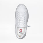 Top-down view of a white sneaker with a side zipper and a red ‘BILLY’ logo on the insole.
