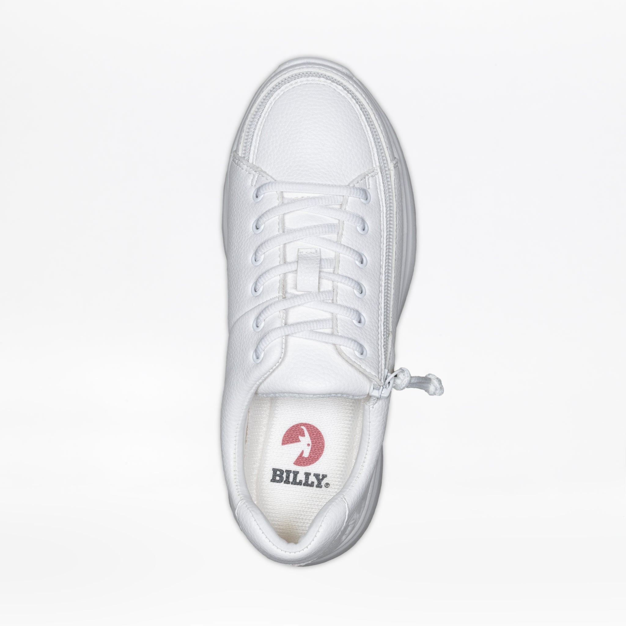 Top-down view of a white sneaker with a side zipper and a red ‘BILLY’ logo on the insole.