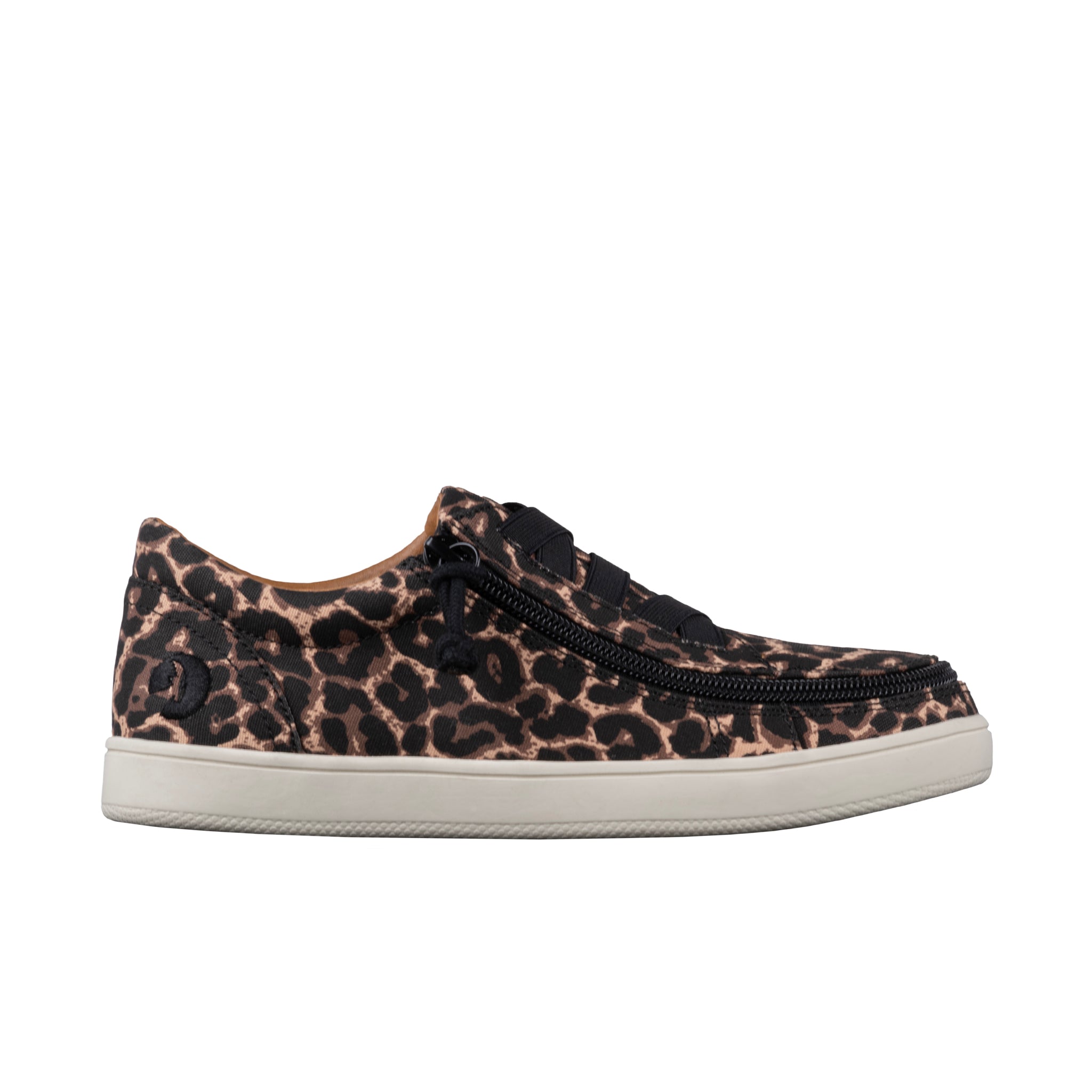 Leopard print sneaker with a white sole on a white background