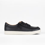 Black faux leather sneaker with white sole on a white background