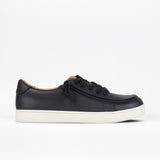 Black faux leather sneaker with white sole on a white background