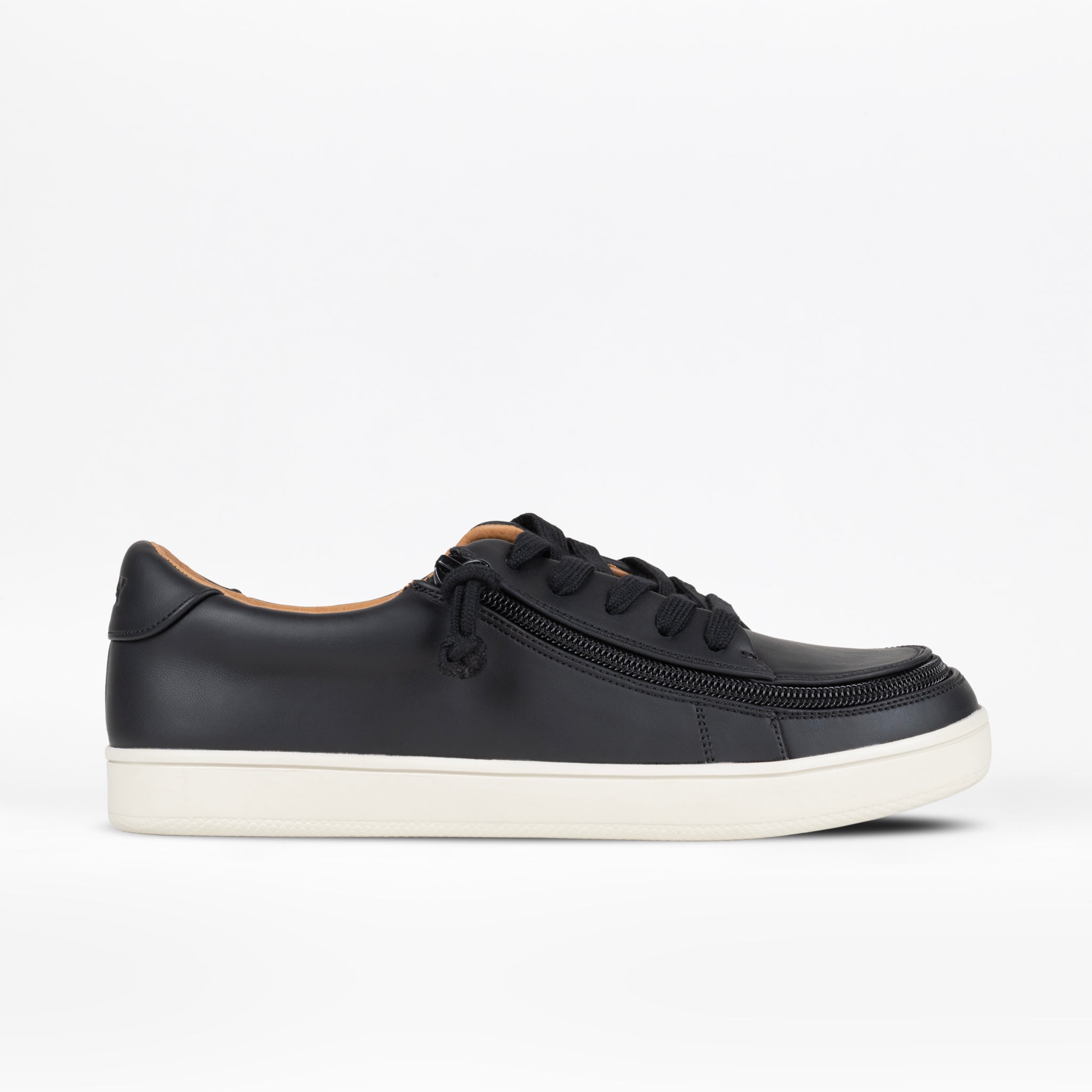 Black faux leather sneaker with white sole on a white background