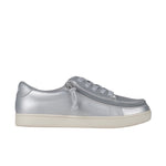 Silver sneaker with a white sole on a white background