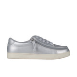 Silver sneaker with a white sole on a white background