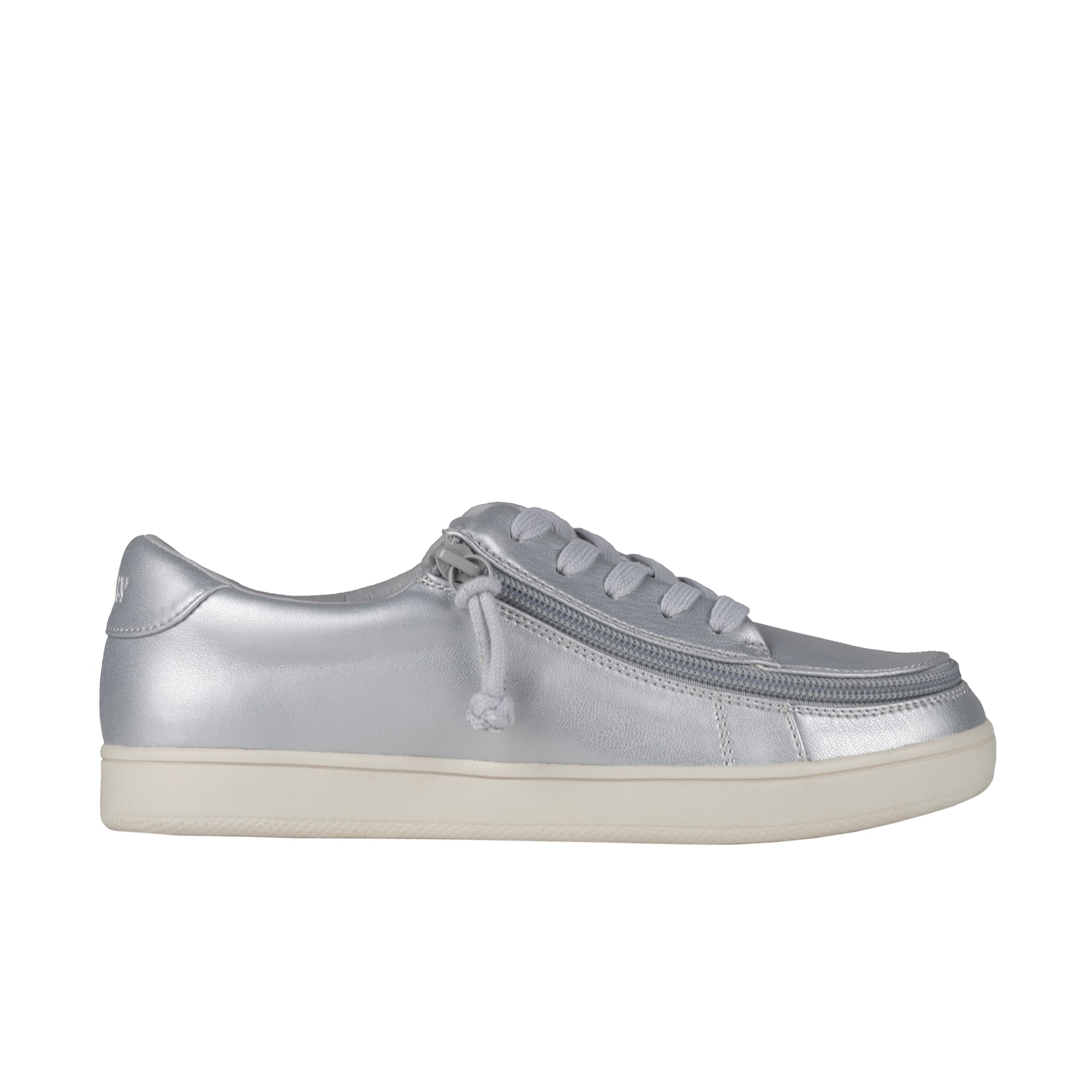 Silver sneaker with a white sole on a white background