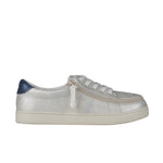 Silver sneaker with a blue heel tab on a white background