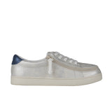 Silver sneaker with a blue heel tab on a white background
