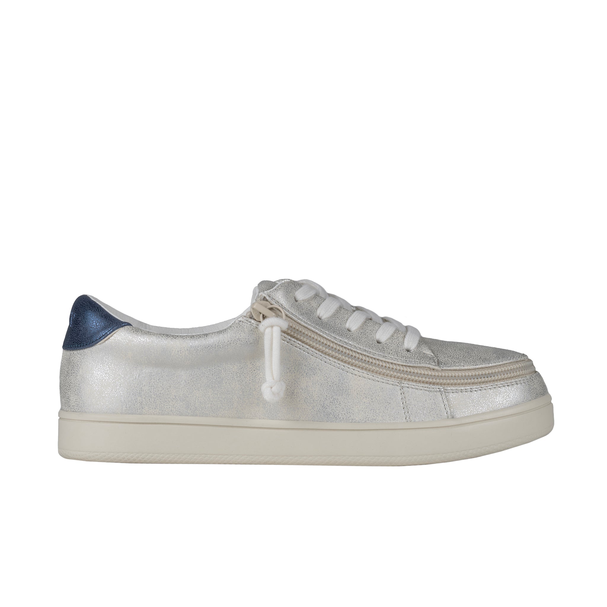 Silver sneaker with a blue heel tab on a white background