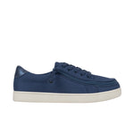 Navy blue sneaker with a white sole on a white background