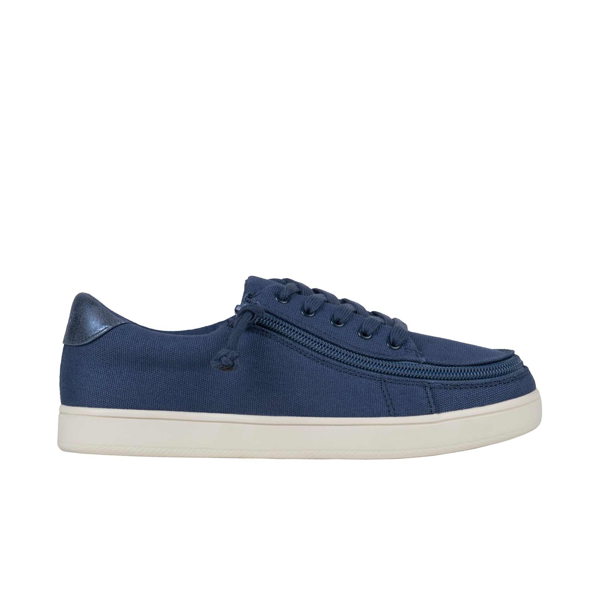 Navy blue sneaker with a white sole on a white background