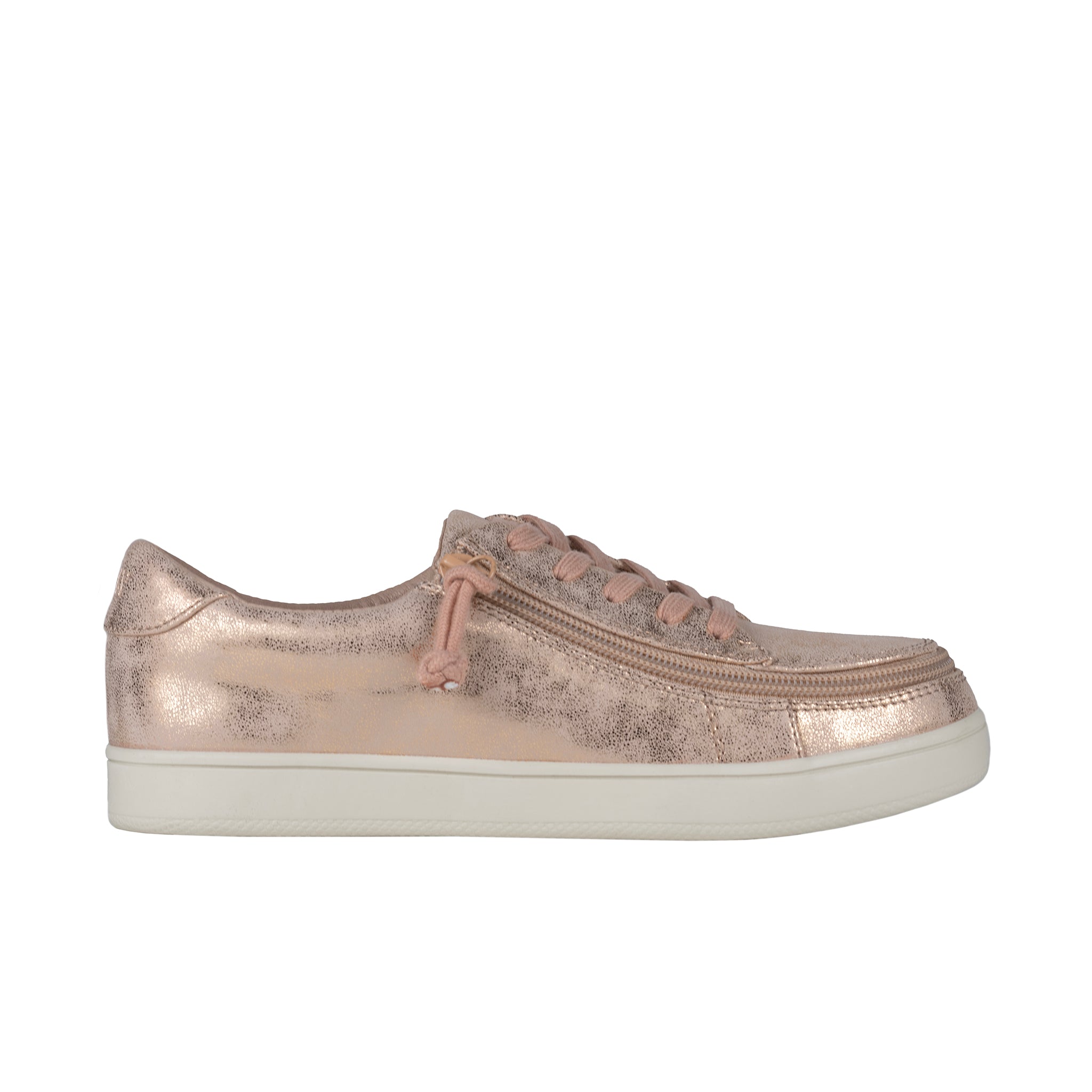 Rose gold sneaker with a zipper on a white background