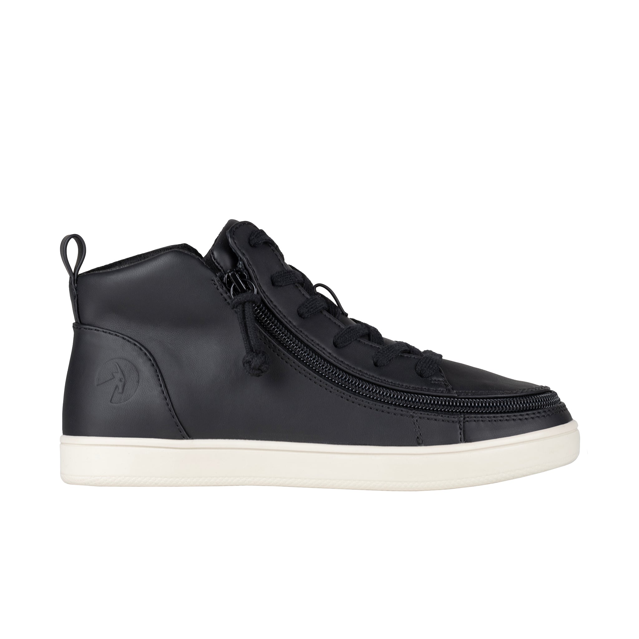 Black mid-top sneaker with a zipper on a white background