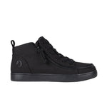 Black mid-top sneaker with a zipper on a white background