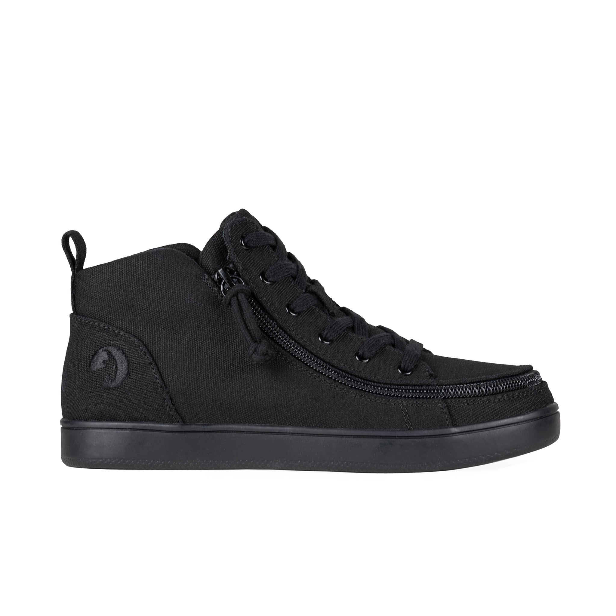 Black mid-top sneaker with a zipper on a white background