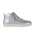 Silver mid-top sneaker with a zipper on a white background