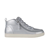 Silver mid-top sneaker with a zipper on a white background
