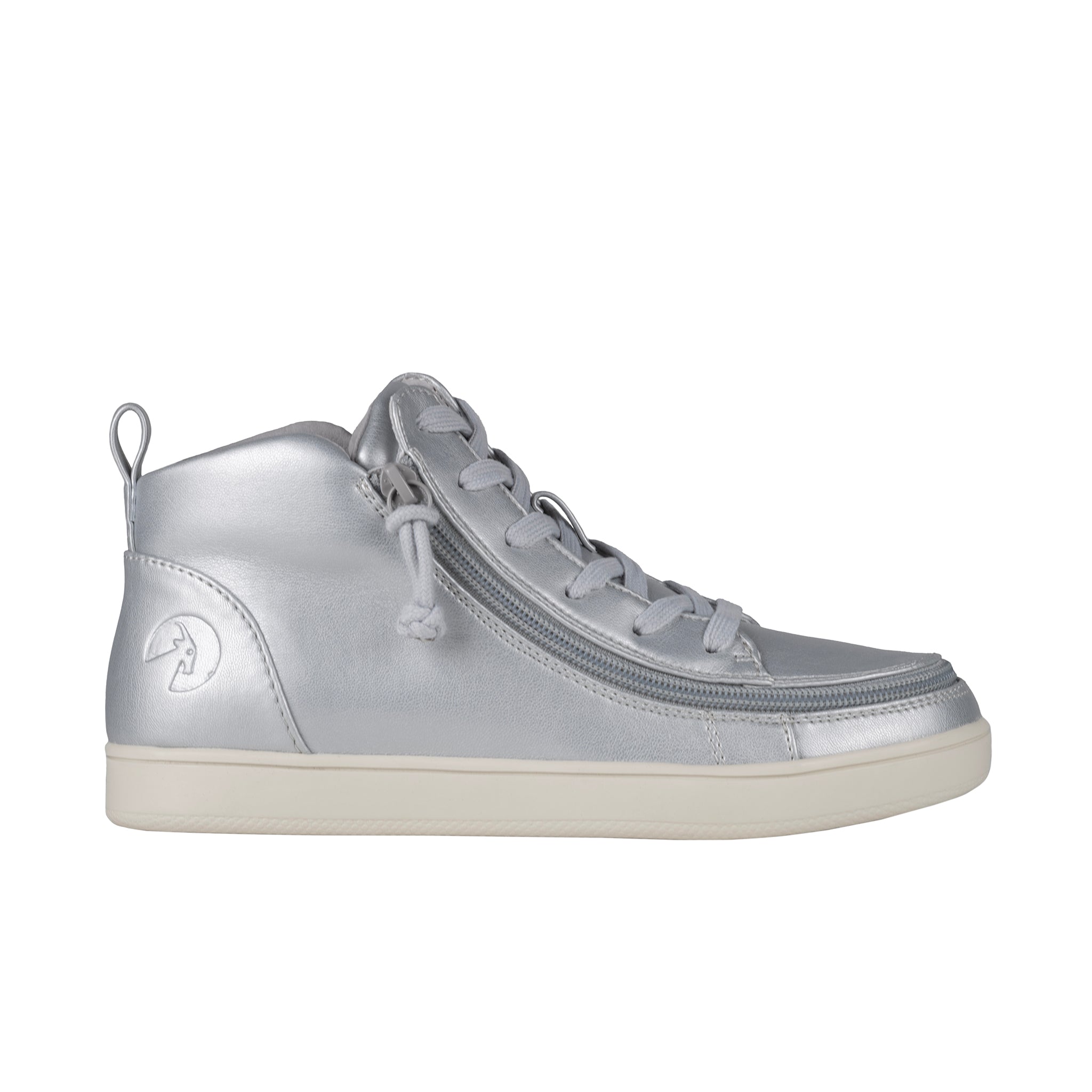 Silver mid-top sneaker with a zipper on a white background