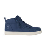 Blue mid-top sneaker with a white sole on a white background