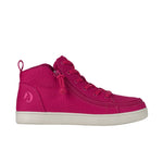 Pink mid-top sneaker with a white sole on a white background